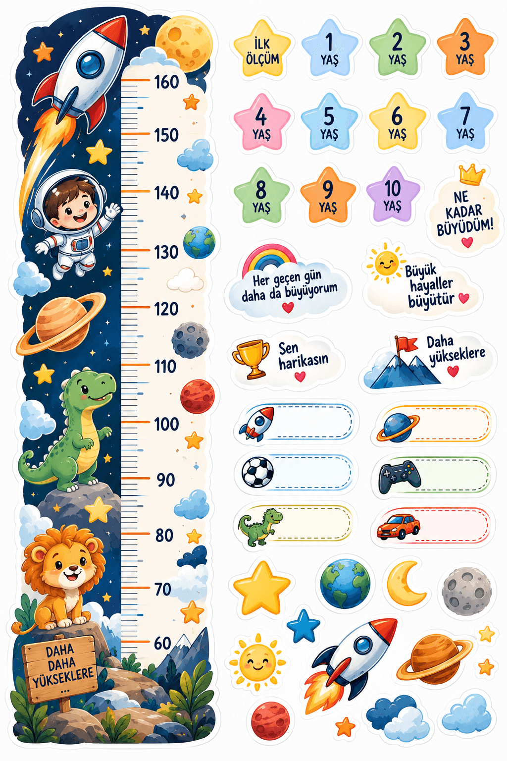 Uzay Temalı Boy Ölçer ve Motivasyon Sticker Seti küçük görsel 2