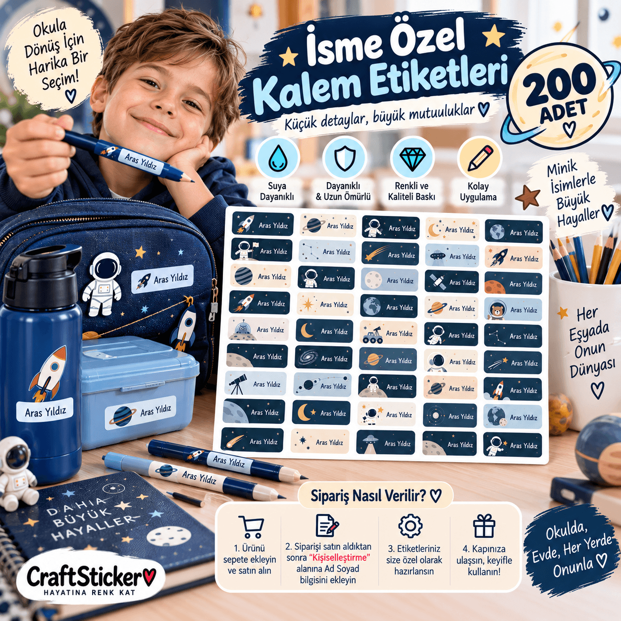 Uzay Temalı Kişiye Özel İsim Sticker – Suya Dayanıklı Kalem ve Eşya Etiketi