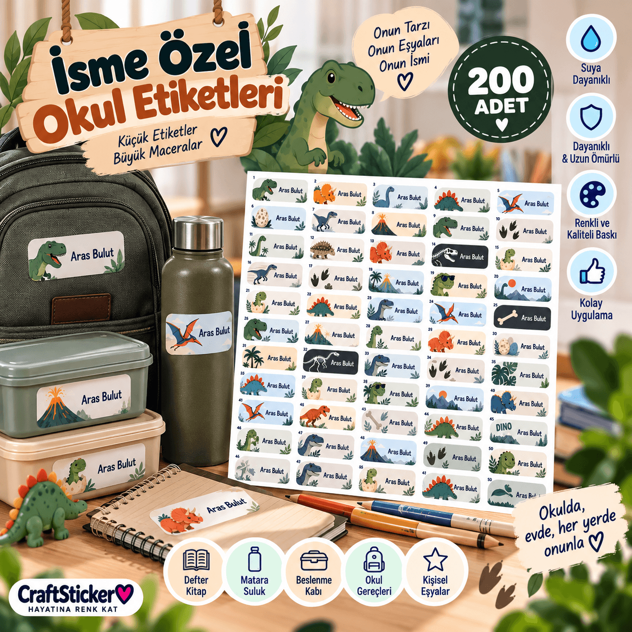 Dinozor Temalı Kişiye Özel Okul Etiketi