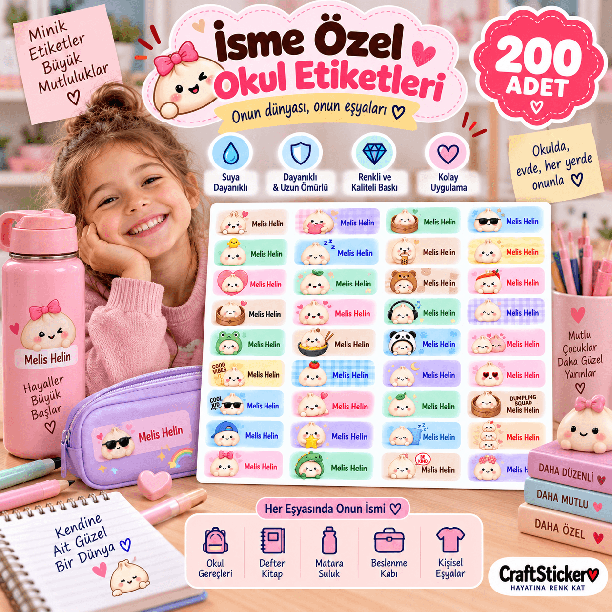 Sevimli Kawaii Karakterli Kişiye Özel Sticker – Suya Dayanıklı İsim Etiketi
