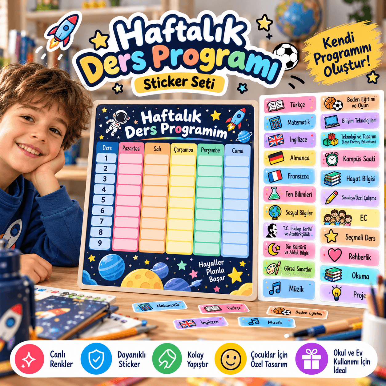 Uzay Temalı Haftalık Ders Programı Sticker Seti