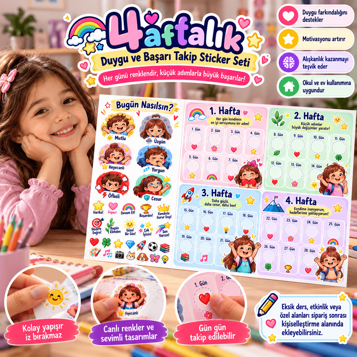 4 Haftalık Duygu ve Başarı Takip Sticker Seti – Bugün Nasılsın?